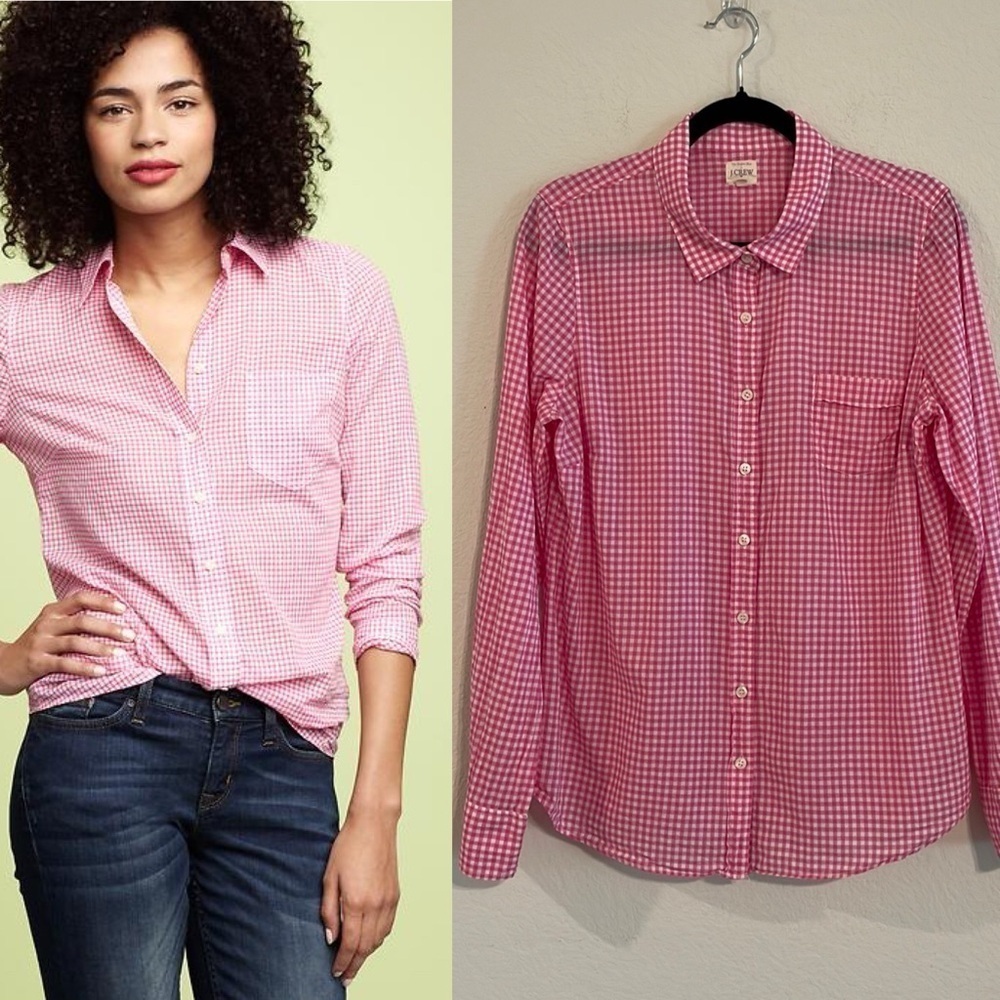 J.Crew Women Vintage Button Shirt Large Pink Gingham Signature Fit Cotton Preppy